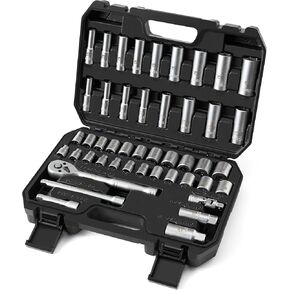 Prostormer Drive Socket Wrench Set, 46-Piece 3/8'' Ratcheting Wrench Set with 72 Tooth Ratchet, Universal Joint, Extension Bars for Home and Automotive Repair