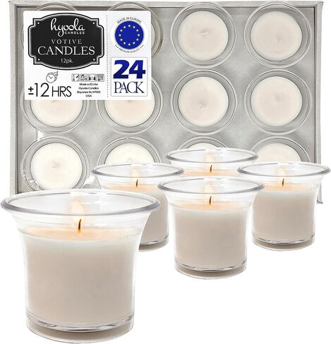 Hyoola Votive Candles - White Votives in Clear Cup - 12 Hour Burn Time Unscented Votive Candles Bulk - Pack of 12 Small Candles in Bulk - Made in Europe in Saudi Arabia