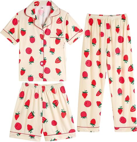 Vopmocld Girls Pajama Sets 3pcs Button Down Short Sleeve Long Pants With Shorts Sleepwear Cute Patterns Nighty For Teens in Saudi Arabia