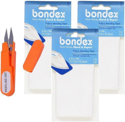 Iron-On Mending Fabric, 0.32 Oz, Quick & Easy No-Sew Repair Solution, Polyester Patch, 6.5"X14" - Bundle with Westlake Art Embroidery Scissors, Iron On Mending Patches, White [Pack of 3] in Saudi Arabia
