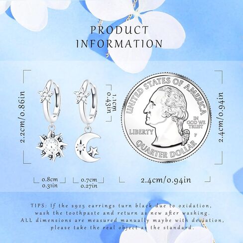 Earrings for Women Trendy, 925 Sterling Silver Earring Jewelry, Fashion Small Hoop Blue Star Moon Sun Drop Dangle Retro Graduation Birthday Gifts for Girls Teen in Kuwait