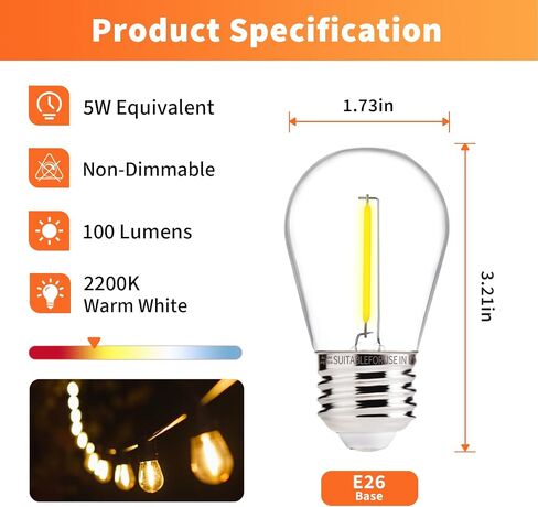 ALAMPEVER LED String Light Bulbs,E26 Bulb for Outdoor String Lights bulb,24 PACK Waterproof S14 Replacement LED Bulbs，5W,2200K Warm White，Non-Dimmable in Saudi Arabia