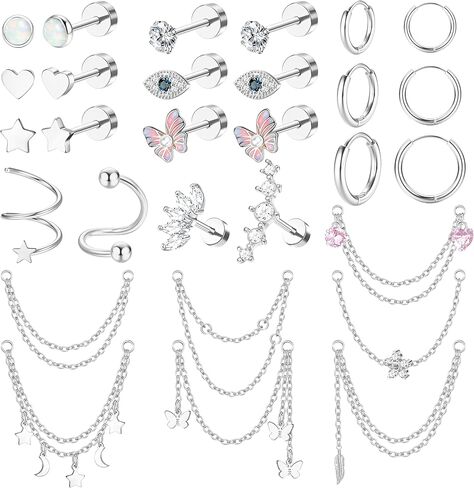 مجموعة أقراط الغضروف 20 جرام من جيه ستايل للنساء من الفولاذ الجراحي، أقراط هوجي هوب الصغيرة، أقراط مسطحة الظهر، أقراط على شكل فراشة القمر ونجوم سلسلة، مجوهرات ثقب الغضروف in Kuwait