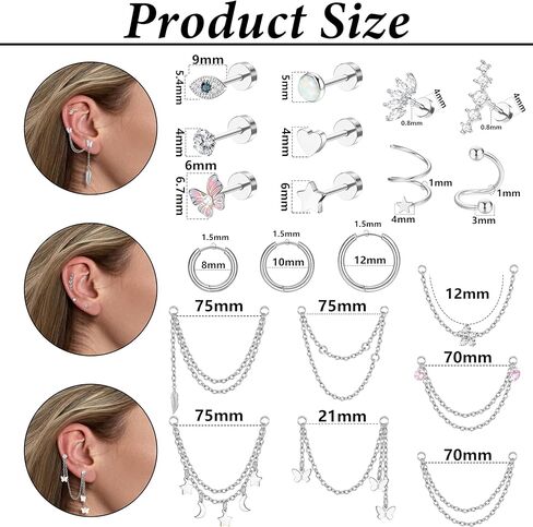 مجموعة أقراط الغضروف 20 جرام من جيه ستايل للنساء من الفولاذ الجراحي، أقراط هوجي هوب الصغيرة، أقراط مسطحة الظهر، أقراط على شكل فراشة القمر ونجوم سلسلة، مجوهرات ثقب الغضروف in Kuwait