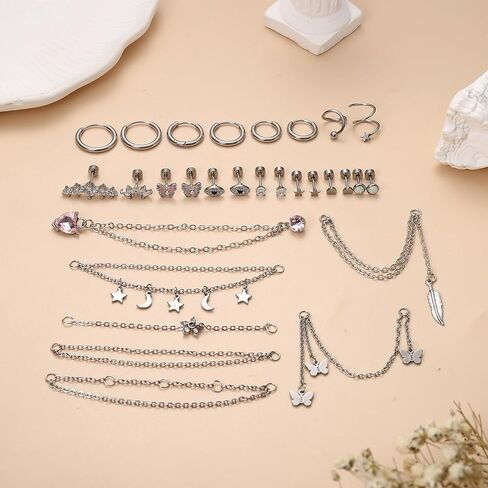 مجموعة أقراط الغضروف 20 جرام من جيه ستايل للنساء من الفولاذ الجراحي، أقراط هوجي هوب الصغيرة، أقراط مسطحة الظهر، أقراط على شكل فراشة القمر ونجوم سلسلة، مجوهرات ثقب الغضروف in Kuwait