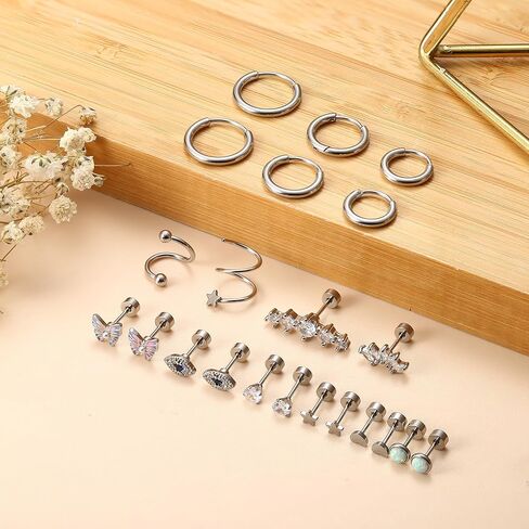 مجموعة أقراط الغضروف 20 جرام من جيه ستايل للنساء من الفولاذ الجراحي، أقراط هوجي هوب الصغيرة، أقراط مسطحة الظهر، أقراط على شكل فراشة القمر ونجوم سلسلة، مجوهرات ثقب الغضروف in Kuwait