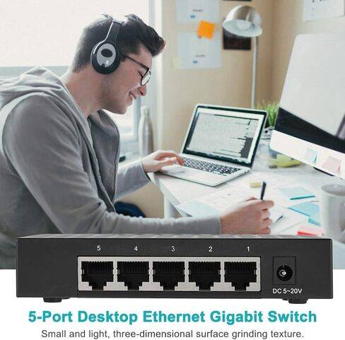 Sonew Gigabit Ethernet Switch, 5 Port Fast 10/100/1000Mbps Ethernet LAN Hub Network Gigabit Switch, Full/Half Duplex Adaptive Mode, Black(US Plug) in Saudi Arabia