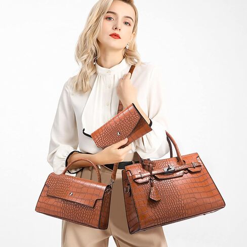 Women PU Leather Crocodile print Large Handbag Shoulder Bag Clutch Handle Fashion Satchel Tote Small Square Purse 3 Set in Saudi Arabia