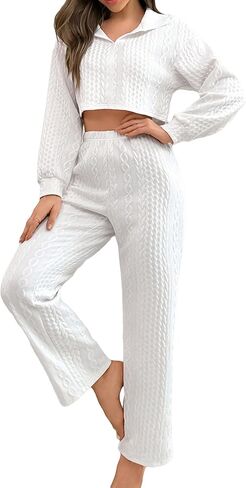MakeMeChic Women's Casual 2 Piece Outfits Long Sleeve Tee Shirt Crop Top and Wide Leg Pants Lounge Set in Saudi Arabia
