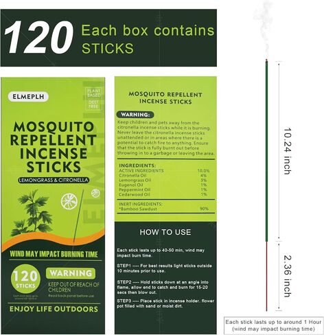 120 PCS Mosquito Repellent Incense Sticks Outdoor Patio - DEET Free - Lemongrass Oil - Natural Citronella Incense Sticks for Camping, Patio, Hiking,etc in Saudi Arabia