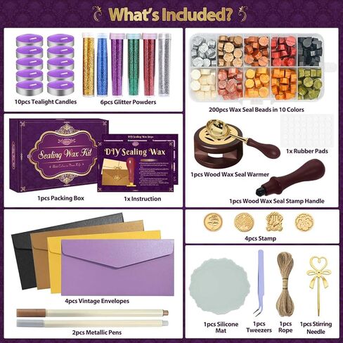 مجموعة ختم الشمع، مجموعة ختم الشمع من TSVATE مع 10 ألوان 200 قطعة من خرز ختم الشمع العتيق، سخان ختم الشمع الخشبي، المغلفات، الشموع، ختم الشمع، قلم معدني، ملعقة ختم الشمع، مجموعة هدايا لامعة in Kuwait