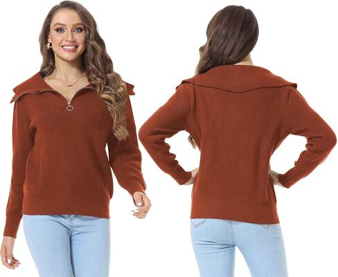 سترات نسائية نصف سحاب بياقة على شكل حرف V، بلوفر علوي مضلع محبوك مترهل in Kuwait