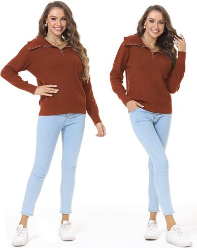 سترات نسائية نصف سحاب بياقة على شكل حرف V، بلوفر علوي مضلع محبوك مترهل in Kuwait