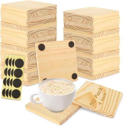 50 Pcs Unfinished Square Wood Coasters, 4 inch Blank Wooden Craft Coasters with Non-Slip Foam Pad Stickers, Wood Slices for Nature Crafts & Wedding Decoration Painting Wood Engraving in Kuwait