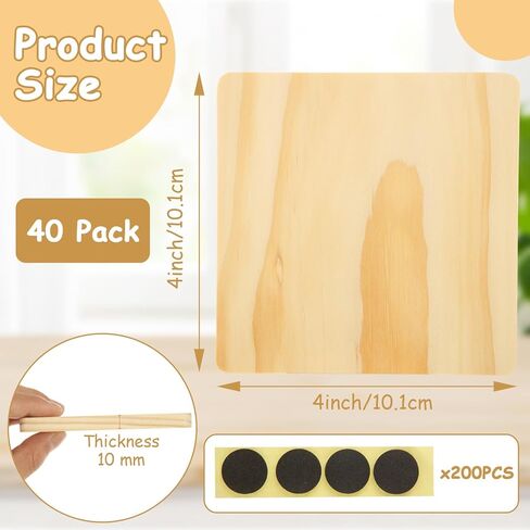 50 Pcs Unfinished Square Wood Coasters, 4 inch Blank Wooden Craft Coasters with Non-Slip Foam Pad Stickers, Wood Slices for Nature Crafts & Wedding Decoration Painting Wood Engraving in Kuwait