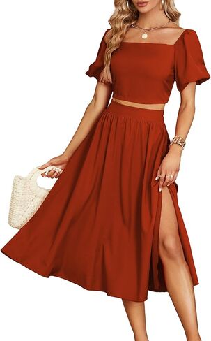 Umenlele Women's 2 Pieces Outfits Puff Short Sleeve Smocked Crop Top Side Split Swing Hem Midi Skirt Set in Saudi Arabia