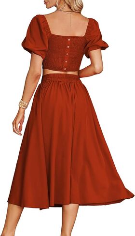 Umenlele Women's 2 Pieces Outfits Puff Short Sleeve Smocked Crop Top Side Split Swing Hem Midi Skirt Set in Saudi Arabia
