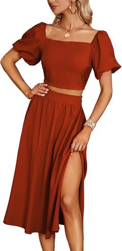 Umenlele Women's 2 Pieces Outfits Puff Short Sleeve Smocked Crop Top Side Split Swing Hem Midi Skirt Set in Saudi Arabia