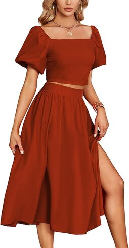 Umenlele Women's 2 Pieces Outfits Puff Short Sleeve Smocked Crop Top Side Split Swing Hem Midi Skirt Set in Saudi Arabia