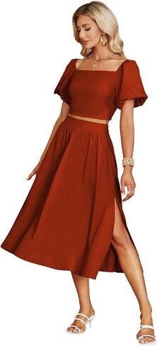 Umenlele Women's 2 Pieces Outfits Puff Short Sleeve Smocked Crop Top Side Split Swing Hem Midi Skirt Set in Saudi Arabia