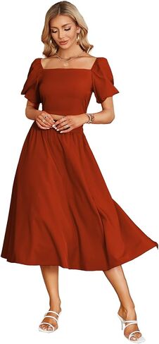 Umenlele Women's 2 Pieces Outfits Puff Short Sleeve Smocked Crop Top Side Split Swing Hem Midi Skirt Set in Saudi Arabia