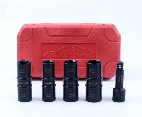 SEKETMAN 5 PCS 1/2-Inch Drive Impact Socket Set, Flip Socket Set, CR-MO Steel, Includes 3-Inch Extension Bar, SAE and Metric Sizes, 5 Pieces in Kuwait