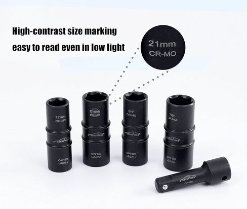 SEKETMAN 5 PCS 1/2-Inch Drive Impact Socket Set, Flip Socket Set, CR-MO Steel, Includes 3-Inch Extension Bar, SAE and Metric Sizes, 5 Pieces in Kuwait