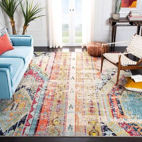 SAFAVIEH Madison Collection Area Rug - 8' x 10', Blue & Orange, Boho Chic Tribal Distressed Design, Non-Shedding & Easy Care, Ideal for High Traffic Areas in Living Room, Bedroom (MAD422F)