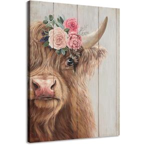 Yelash Highland Cow Canvas Wall Art Farmhouse Animal Picture Wall Decor, Funny Cow Flower Painting Poster Mural for Bedroom