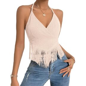 SweatyRocks Women's Sleeveless Fringe Hem Halter V Neck Wrap Cami Top Tie Back Crop Tops