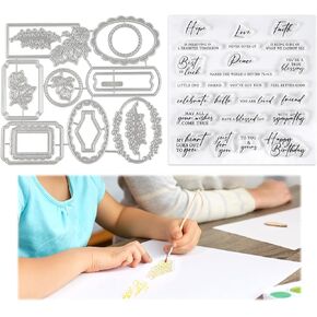 Cutting Dies and Stamp Set, Metal Embossing Die Cuts Creative Silicone Stamp Words Decorative Pattern Die Cuts for Card Making DIY Scrapbooking Arts Crafts Stamping Album