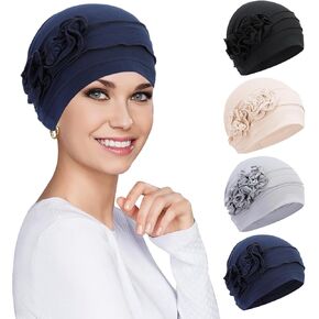 4 Pieces Chemo Headwear for Women, Turbans Cap Beanie Hat Head Wraps Hair Coverings for Women, Women's Sleep Caps Chemo Cancer Hat with Flower Design, Beige, Dark blue, Black, Grey, one size