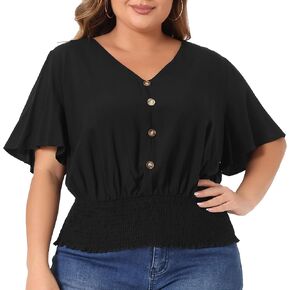 Agnes Orinda Plus Size Tops Women's V Neck Short Sleeves Blouses Shirred 2024 Summer Blouses