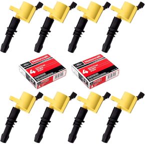 MAS Set of 8 Yellow Straight Boot Ignition Coils Pack +8 Motorcraft Platinum Spark Plug SP515 SP546 Compatible with Ford Expedition F150 F250 Super Duty Lincoln Navigator C1541 FD508 DG511