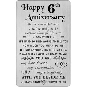 TANWIH 6th Anniversary Card for Wife - 6 Years Down Forever to Go - 6 Year Iron Wedding Anniversary Card Gifts for Her Women, Engraved Metal Wallet Card