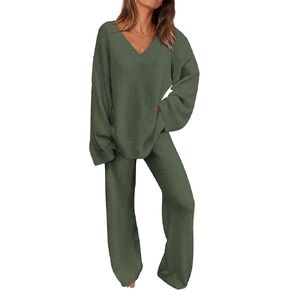 PRETTYGARDEN Women's 2 Piece Pullover Sweater Set Oversized V Neck Tops Wide Leg Long Pants Tracksuit Lounge Outfit