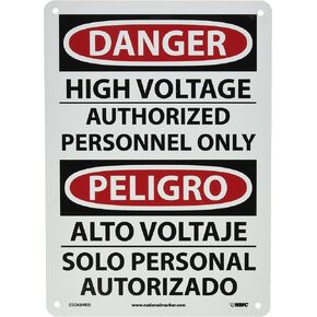 NMC ESD684RB Bilingual OSHA Sign, Legend "DANGER - HIGH VOLTAGE AUTHORIZED PERSONNEL ONLY", 10" Length x 14" Height, Rigid Plastic, Black/Red on White
