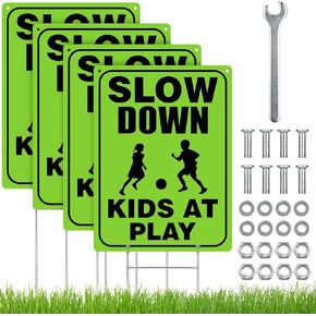 4 Pcs Slow Down Children at Play Safety Signs for Street with Metal Wire H Stakes Caution Kids at Play Sign Reflective Slow Down Signs for Neighborhoods Waterproof Kids Playing Sign, 16 x 12