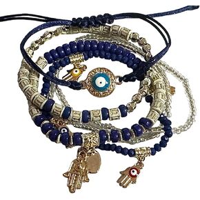 Evil Eye and Hamsa Bracelet Set, Item T15, 6 Bracelets, Some With Charms, Some Stretchy, Wear All Together or Alone