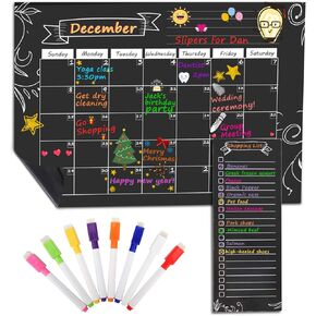 MoKo Magnetic Calendar for Kitchen Refrigerator, 16.73"x12" Dry Erase Monthly Calendar Planner and Grocery Shopping List with 8 Chalk Markers - Black