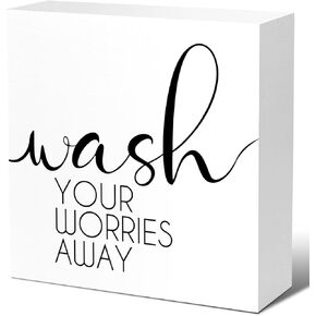 Funny Bathroom Wood Block Signs,Wash Your Worries Away Wooden Box Sign for Bathroom Shelf Toilet Restroom Home Tabletop Desk Decor,Rustic Bathroom Sign Decor V562