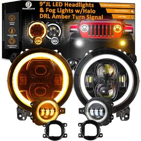 9 Inch Wrangler JL Headlight with Halo DRL & Turn Signal, 4 Inch Fog Light for 2018 2019 2020 2021 2022 2023 2024 Wrangler JL Headlight JLU Sahara Rubicon Gladiator JT, Integrated DRL Turn Signal Halo