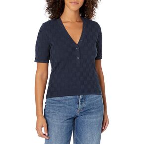 Monrow Women's Ht1352-checkered Sweater Henley S/S Top