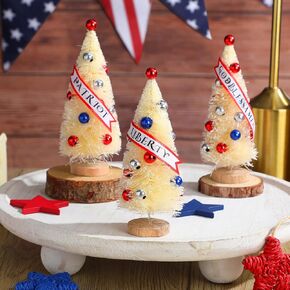 3 Pcs 4th of July Artificial Tree Tabletop Decor 5.51'' Patriotic Red Blue White Star Table Centerpiece Independence Day Farmhouse Artificial Tree Party Shelf Home Table Decoration