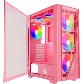 حافظة كمبيوتر ألعاب Apevia Aurora-BK Aurora Mid Tower مع مراوح PWM ARGB مقاس 6X 120 مم، و366 وضع إضاءة RGB، ولوحة أمامية زجاجية وشبكة 1x، ولوحة جانبية زجاجية مغناطيسية بنمط دوار للباب، و2X USB3.0، أسود