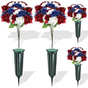 2 Sets Patriotic Memorial Bouquet Red White and Blue Artificial Flowers with Ground Stakes Fourth of July Artificial Rose for Grave Cemetery Presidents' Day
