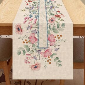 Seliem Spring Anemone Flower Eucalyptus Table Runner, Watercolor Plant Leaves Pink Wildflower Floral Home Kitchen Decor, Summer Seasonal Botanical Farmhouse Burlap Dining Decoration Party Supply 13x72