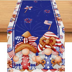 Linen Red White and Blue Patriotic Gnome Table Runner 72 Inches Long 4th of July Memorial Day Veterans Day Patriotic Decorations and Supplies for Home Kitchen Dining Room Table