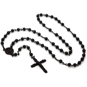 L & L Nation Mens Hip Hop 5mm Matte Black Tone 30" Inches Beaded Chain Rosary Round Guadalupe & Jesus Cross Necklace