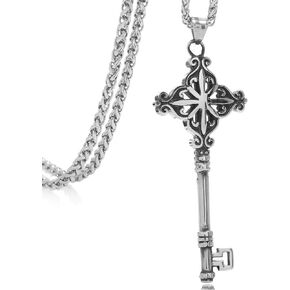 Men’s Stainless Steel Key Pendant Necklace, Unisex, 24 inch Keel Link Chain
